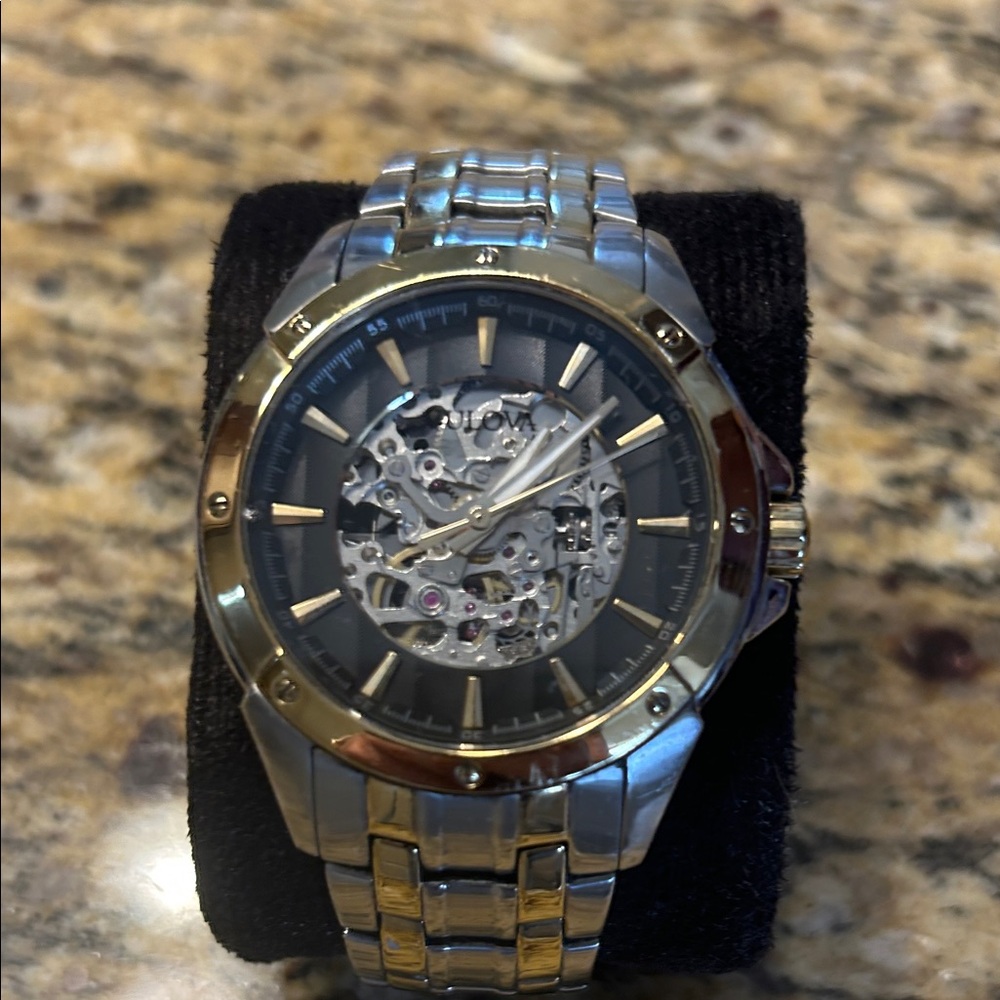 Bulova Two-Tone Silver and Gold Skeleton Dial Men's Watch